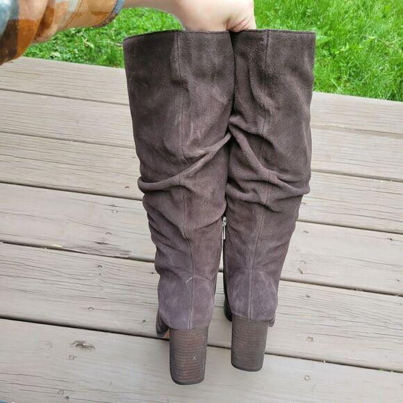Splendid Chocolate Brown Suede Leather Square Toe Chunky Heel Slouchy Tall Boots - Picture 4 of 8
